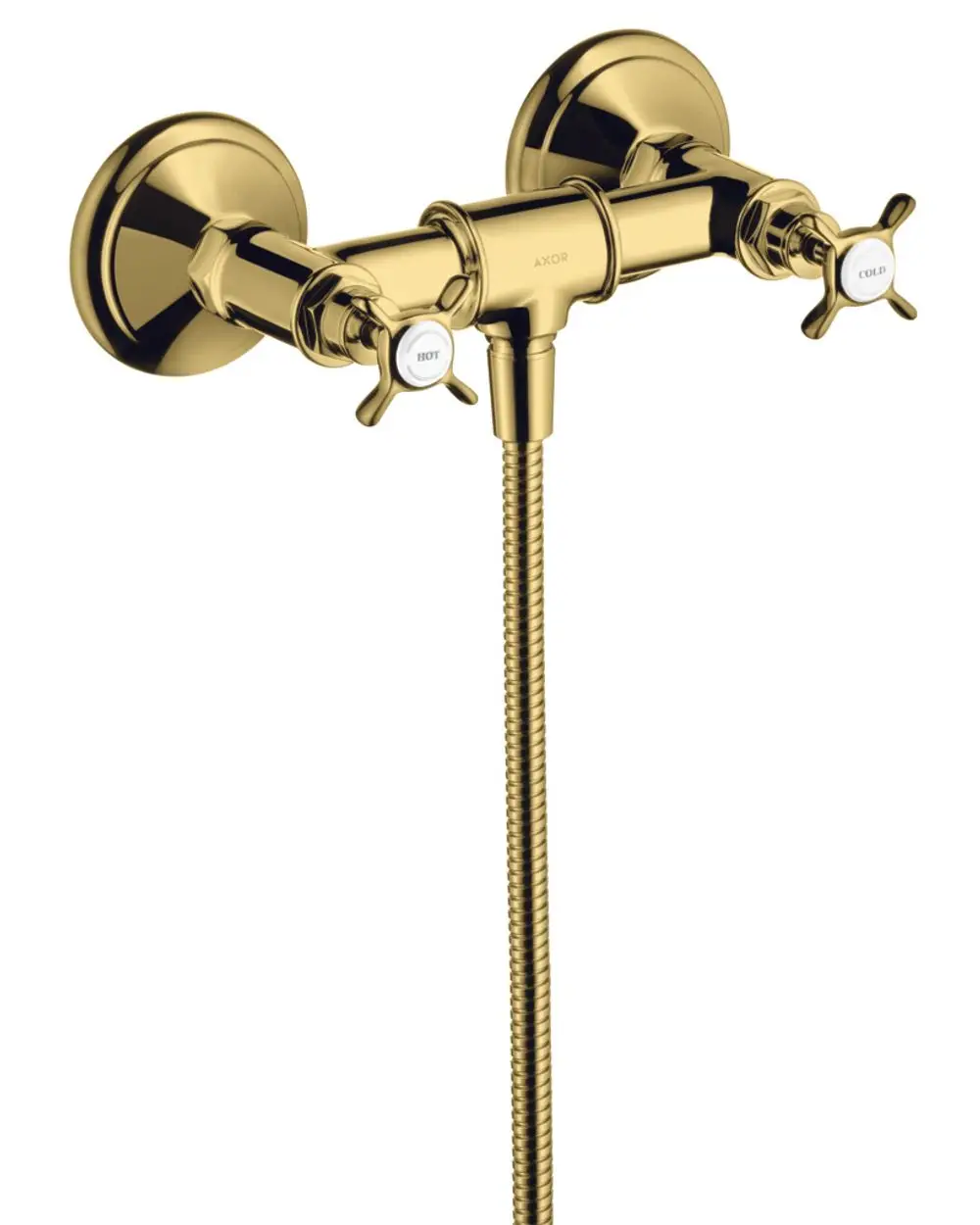 Brausearmatur mit zwei Kreuzgriffen und flexibler Schlauchverbindung, in glänzendem Gold-Finish. AXOR-Logo auf dem Hauptteil sichtbar.